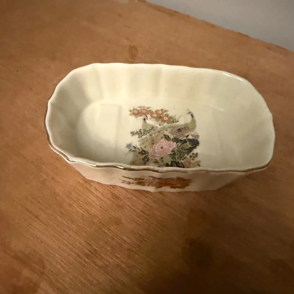 Vintage Japanese Porcelain floral, bird, print gold edge Soap or Trinket Dish